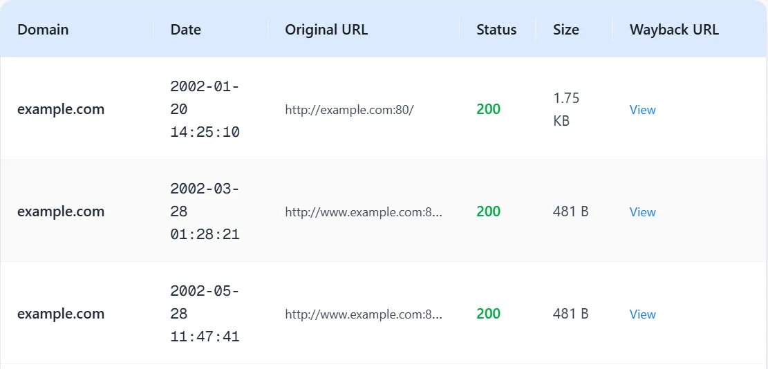 Detailed archive results table showing domain, date, original URL, status, size, and Wayback URL columns with sample data
